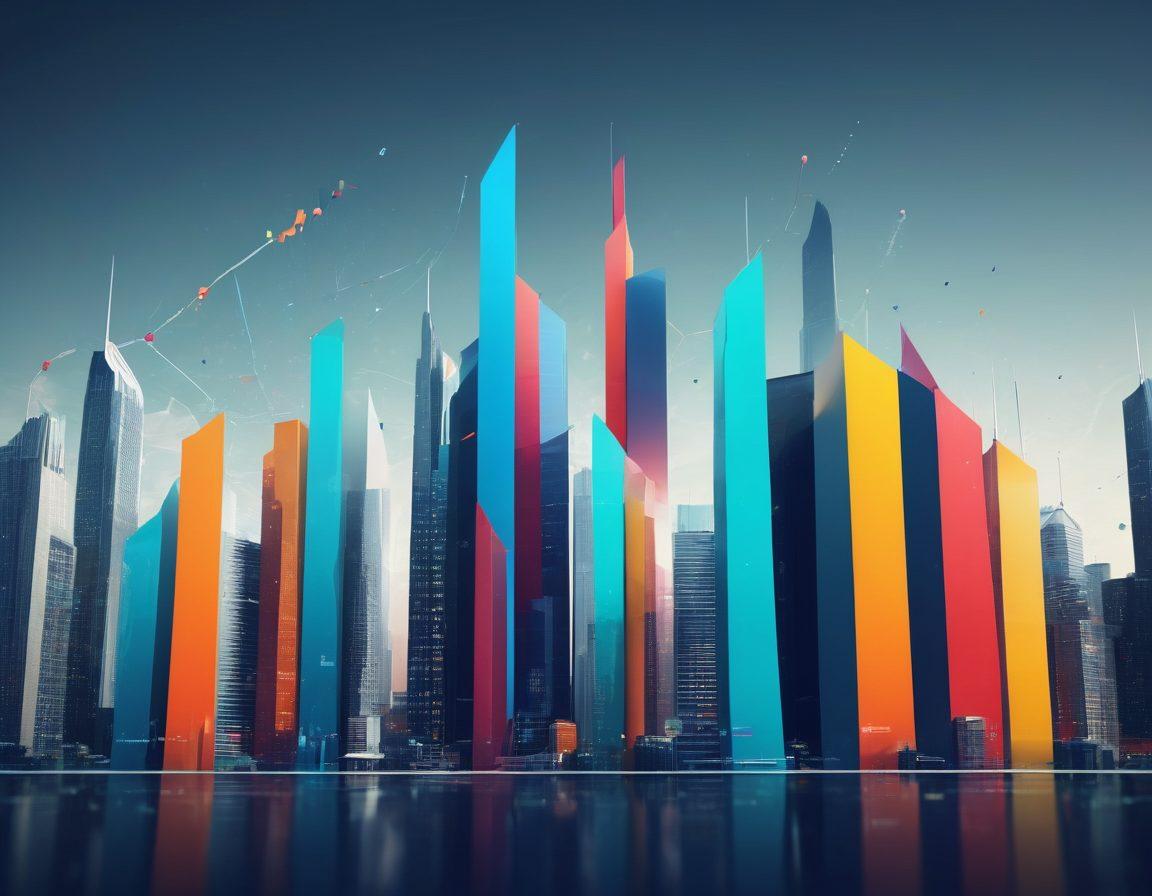 A visually striking infographic depicting various vertical axis graphs dynamically reaching upwards, symbolizing growth and impact. Incorporate vibrant colors to emphasize each chart's data points, surrounded by floating geometric shapes that represent elevation and progress. The background should hint at a futuristic city skyline, suggesting advancement and innovation. super-realistic. vibrant colors. 3D.